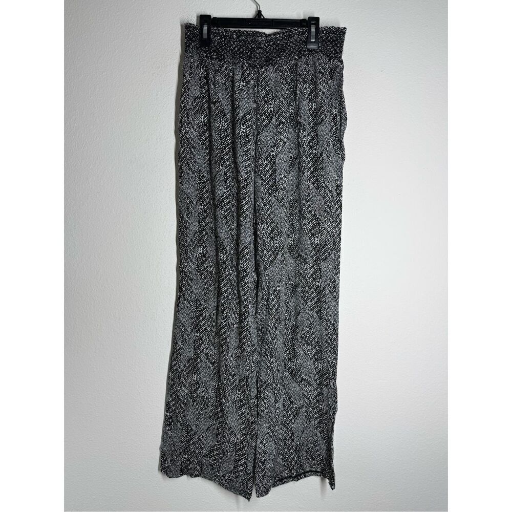 89th & Madison Womens Wide Leg Pants Black All Over Print Elastic Waist Sz M